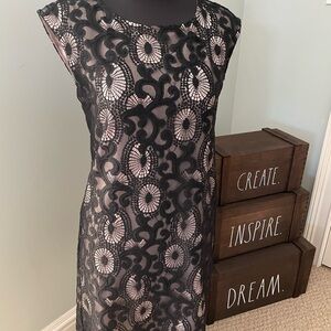 LOFT Black Floral Lace Midi Dress